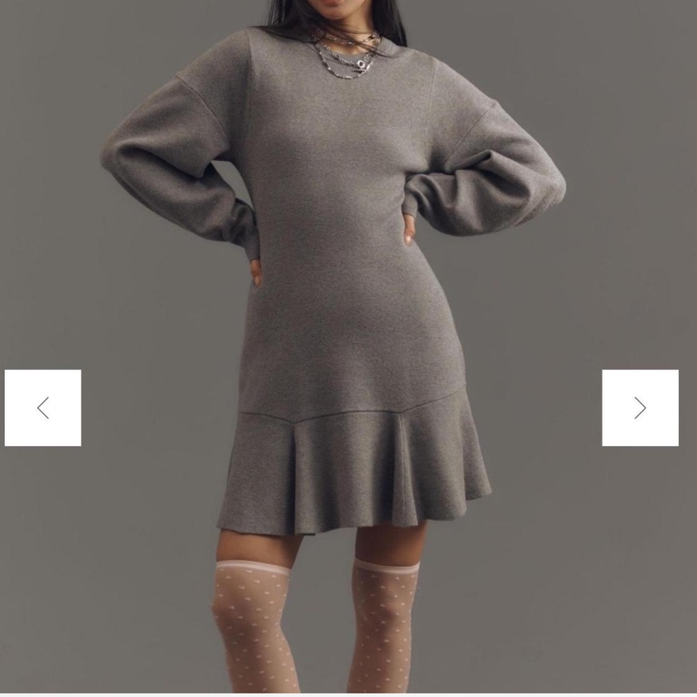 Anthropologie Gray Ribbed Bishop Long Sleeve Sweater Dress